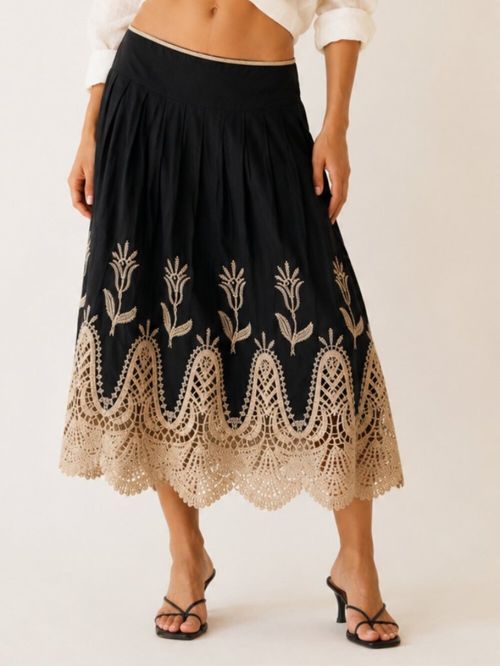 Vintage Black Cotton Maxi Skirt Crochet Lace Hem Embroidered Boho Y2K